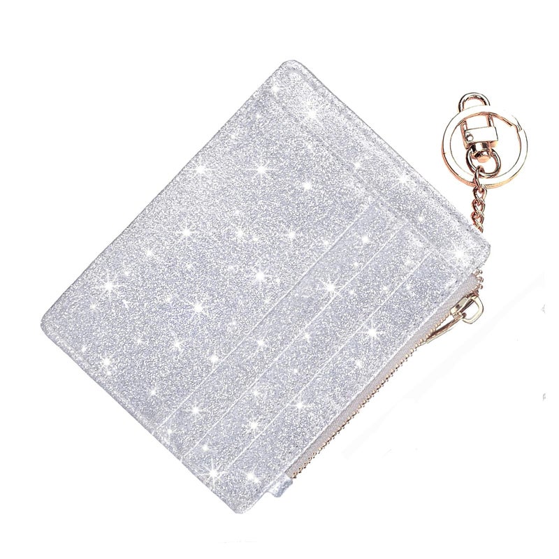 woogwin Slim RFID Credit Card Holder for Women Mini Front Pocket Wallet Purse With Keychain(Star Sliver) - Image 1